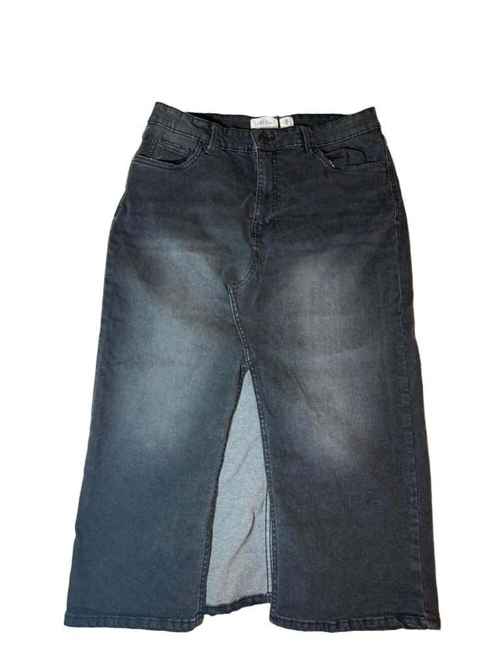 Serra Women's Black Acid Wash Denim Midi Skirt Size M Front Slit